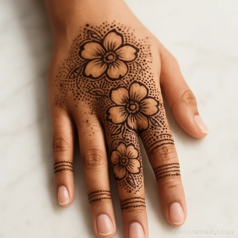Bride mehandi with big negative space flowers on the back hand