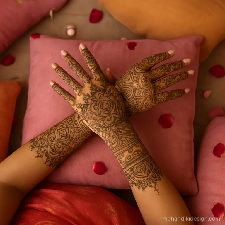 Mehandi photo pose of a bride lying on cushions with hands raised
