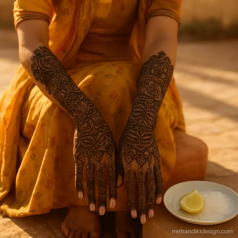 Bride mehandi pose with paste still drying while she sits in sunlight