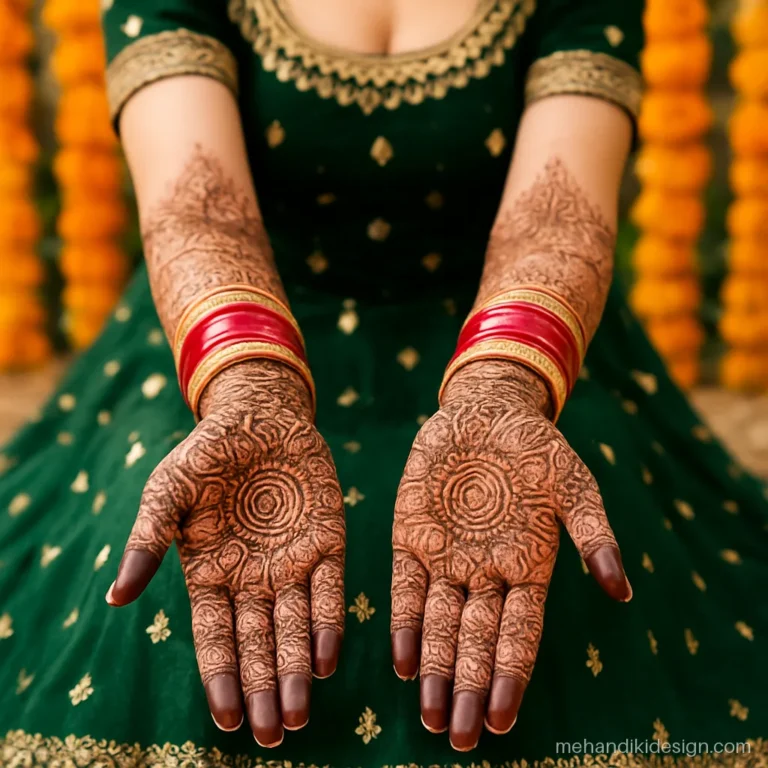 Bride mehandi pose with both palms open in front of the lehenga
