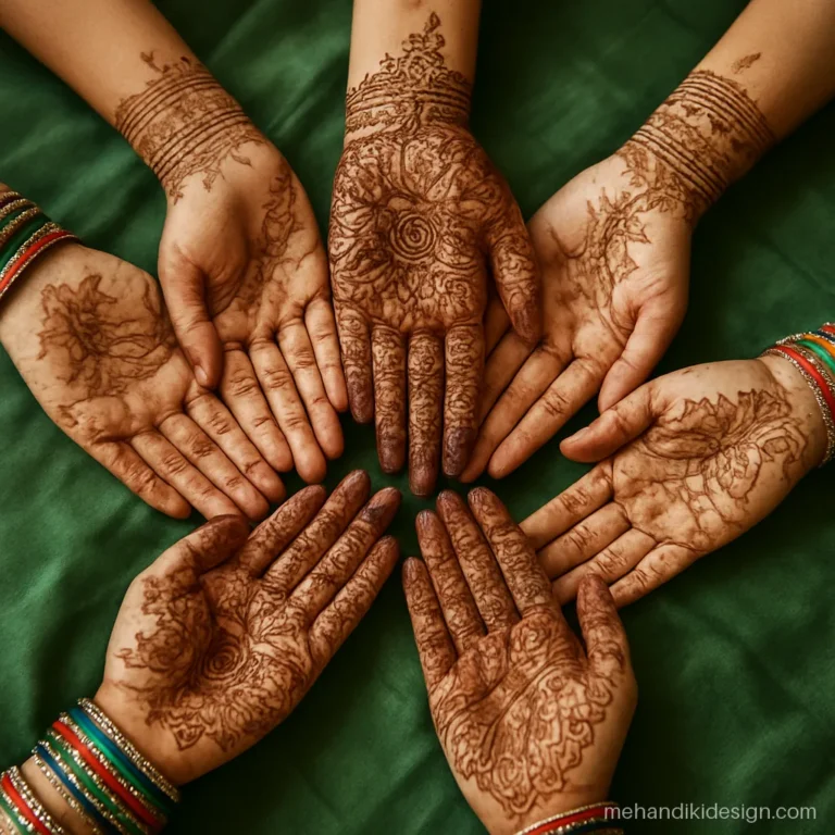 Bridesmaids mehandi pose with palms facing up in a circle around the bride