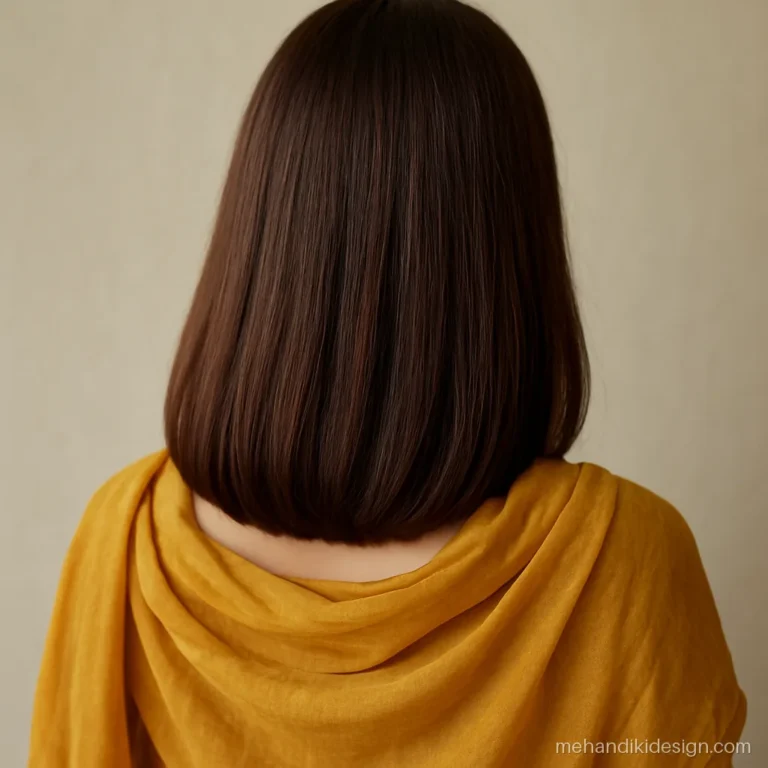 Soft brown hair after mehandi and indigo, shoulder length, viewed from behind