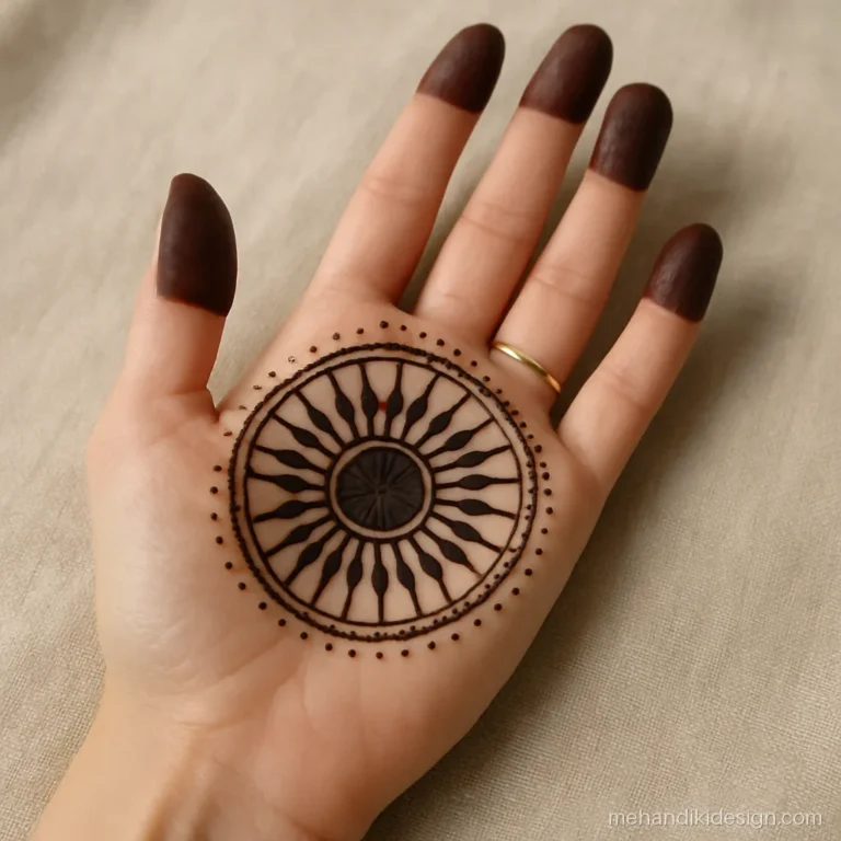 Indian mehandi design with a chakra wheel in the centre of the palm