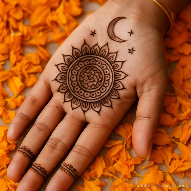 Chand chalni karva chauth mehandi with a mandala sieve and starry border