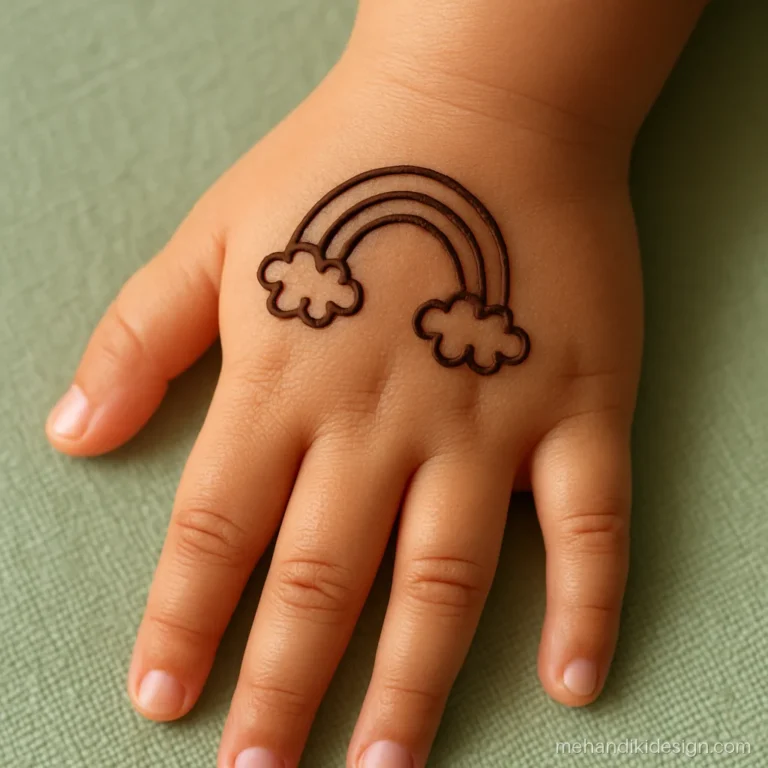 Chhote bacchon ki mehandi design with a small rainbow arc and cloud dots