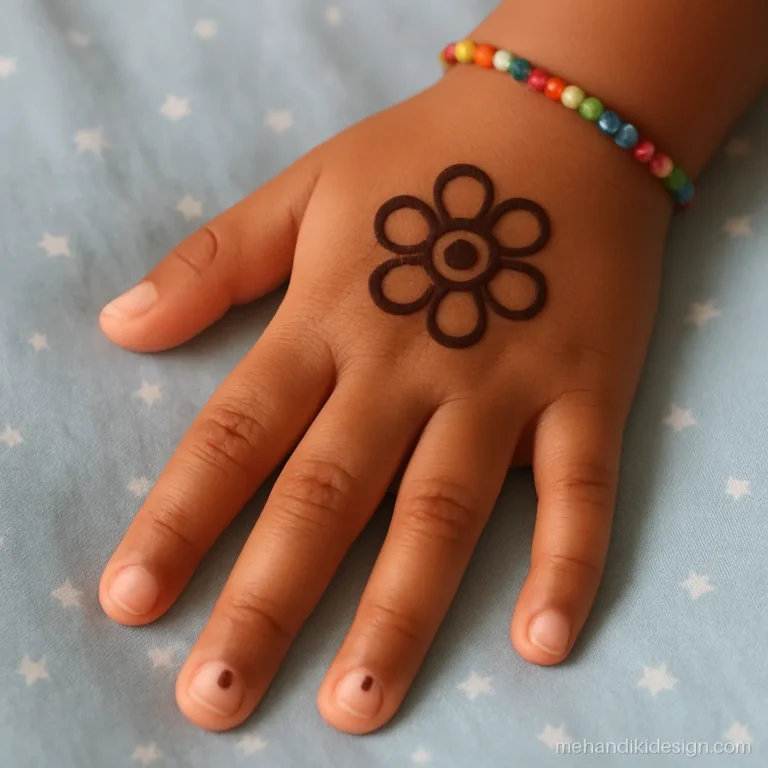 Chhote bacchon ki mehandi with a five dot flower and dotted finger tips