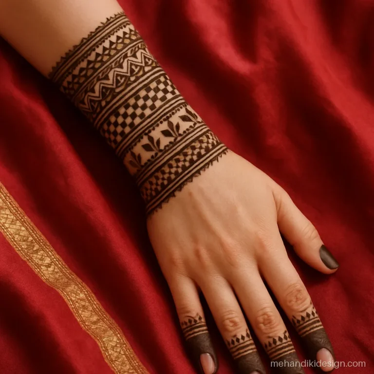 Chudidar mehandi design with bangle bands climbing the forearm and mango leaves