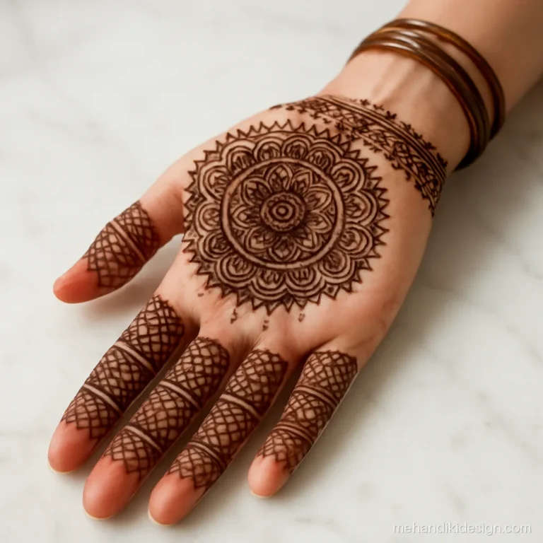Navratri special mehandi with a chunri style scalloped border around a mandala