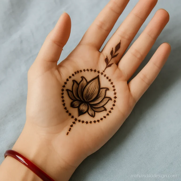 Round mehandi design with a lotus drawn inside a dotted circle