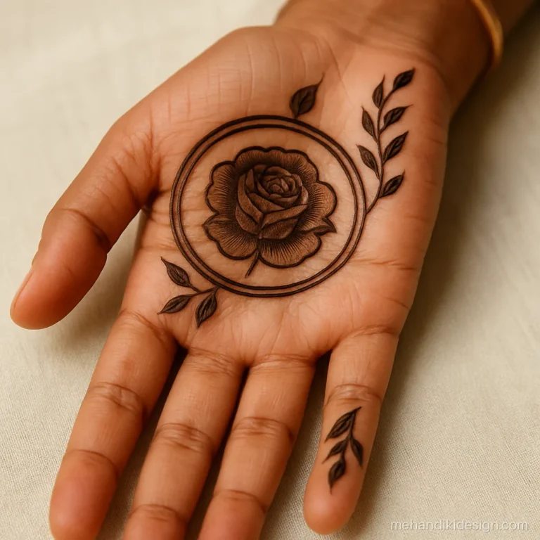 Circle mehandi design with an open rose in the palm centre
