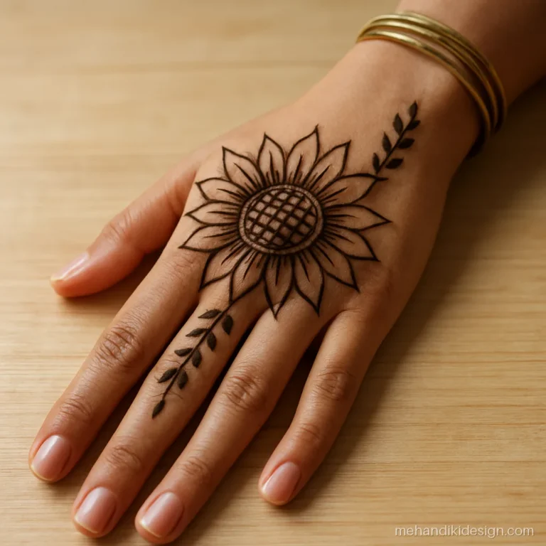 Sunflower circle mehandi design on the back hand with long petals