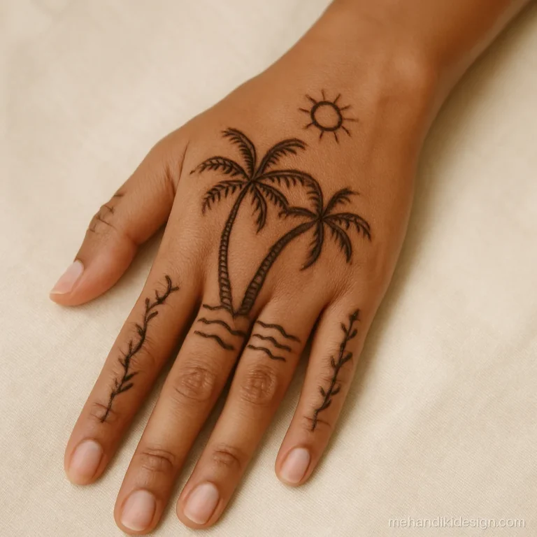 Onam mehandi with coconut palm trees and backwater waves on the back hand