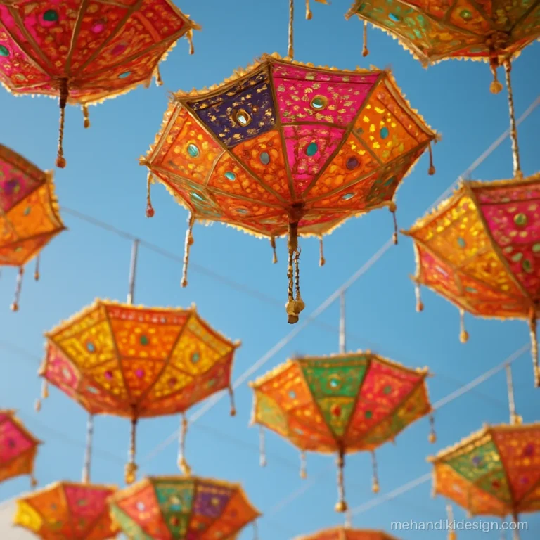 Colourful mirror-work umbrellas hanging upside down as mehandi function decoration