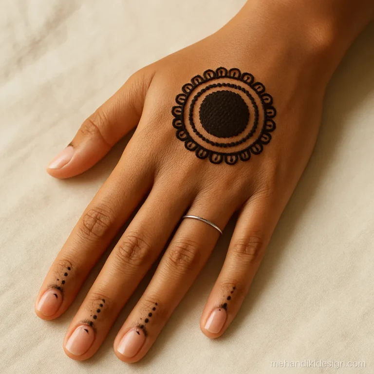 Concentric circle mehandi design with alternating filled and dotted rings