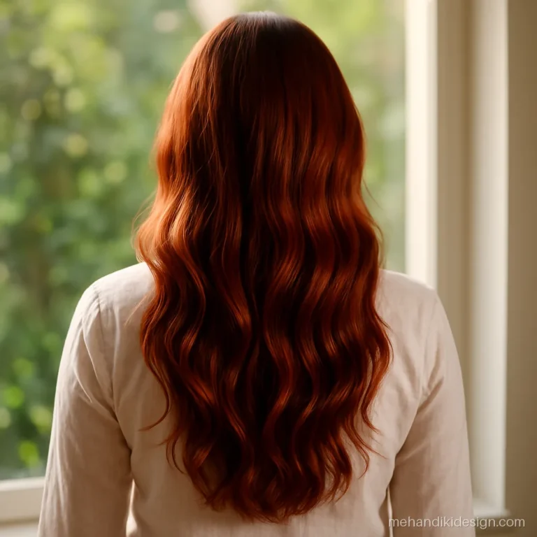 Shiny copper red mehandi hair colour result on long wavy hair seen from behind
