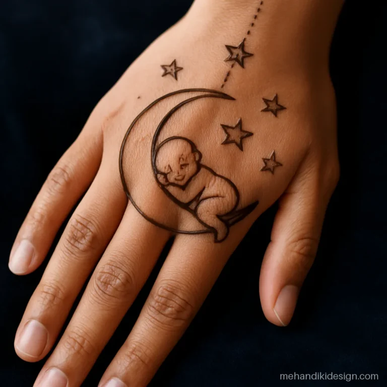 Crescent moon with a sleeping baby and stars baby shower mehandi design