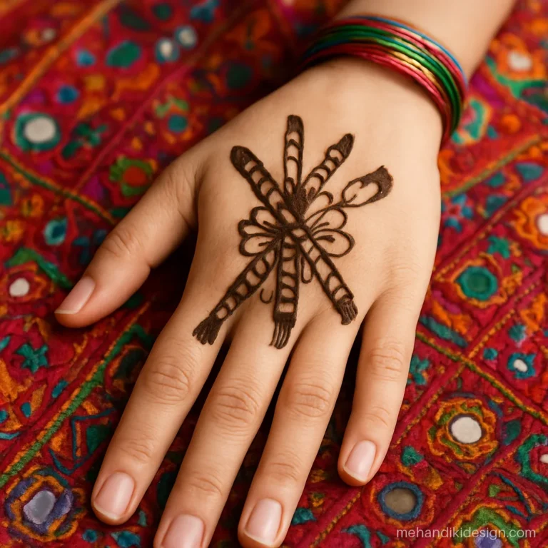 Garba mehandi with two crossed dandiya sticks and tassels in the centre of the palm