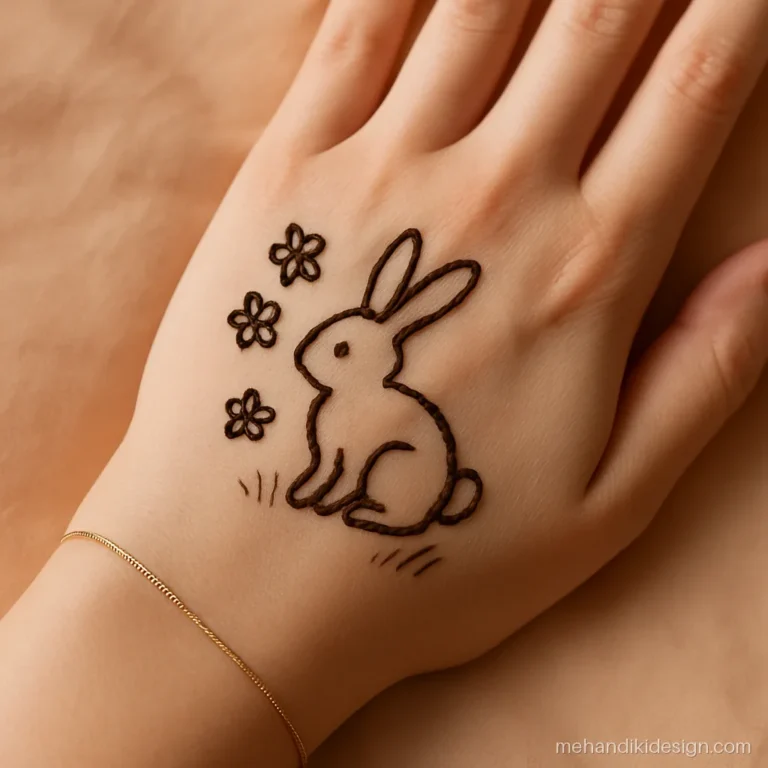 Cute back hand mehndi with a little bunny sitting among tiny flowers