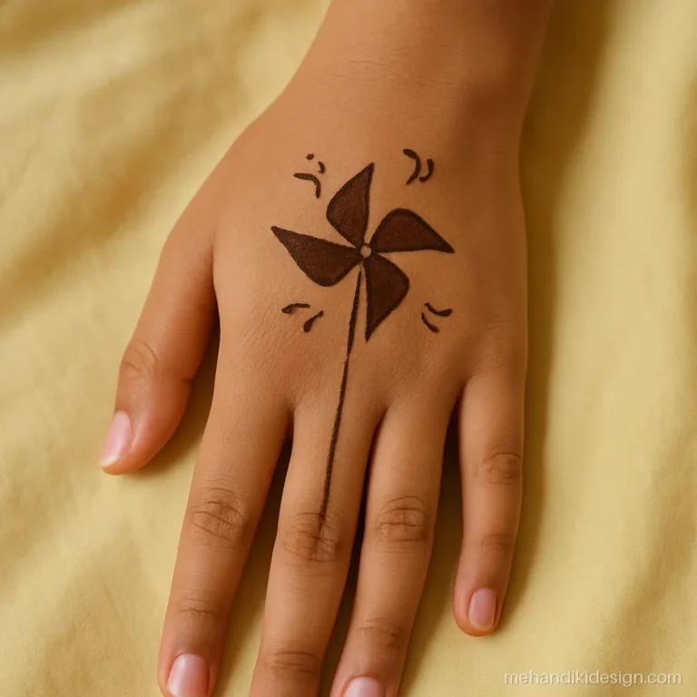 Cute mehndi design with a four blade paper pinwheel on a stick