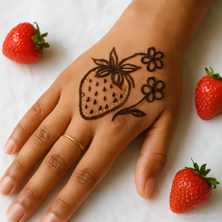 Cute mehandi designs with a strawberry and two small blossoms on the back hand