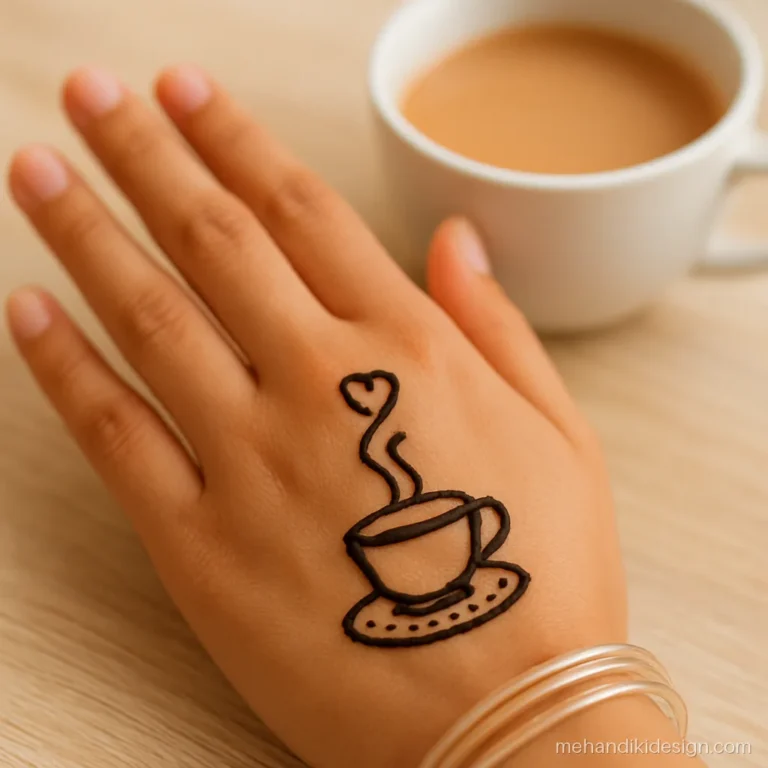 Cute mehendi with a small teacup whose steam curls into a heart