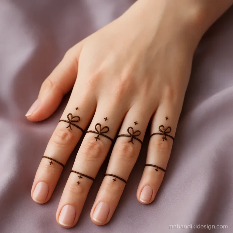 Cute finger mehendi design with thin rings and a tiny bow on each finger