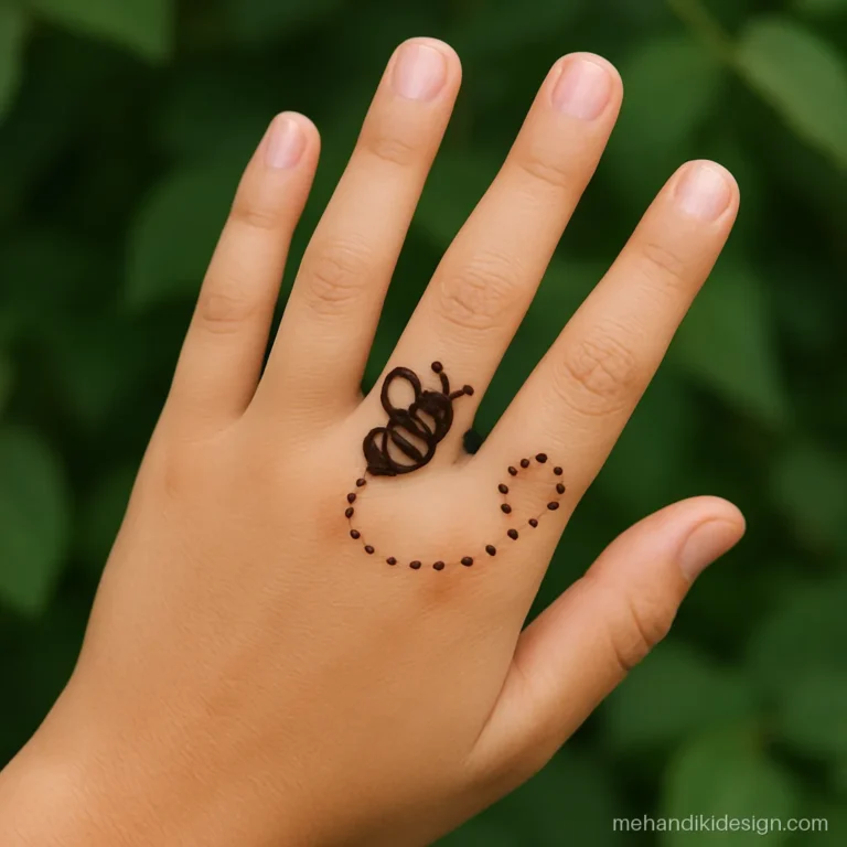 Cute finger mehndi with a tiny bumblebee and a dotted flight loop