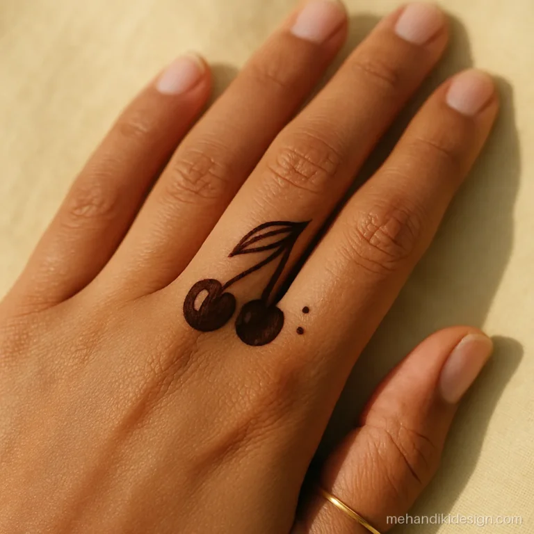 Cute minimal mehndi with a pair of cherries hanging on the index finger