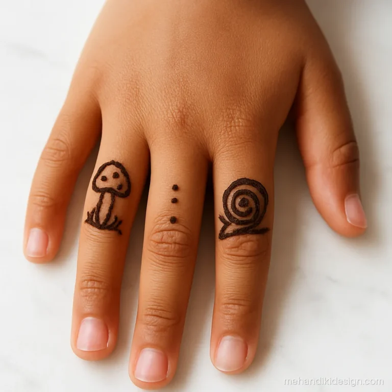 Cute mehandi on fingers with a spotted mushroom and a spiral shell snail