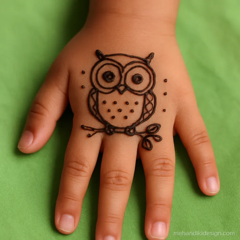 Cute mehandi design for kids with a round owl sitting on a leafy branch