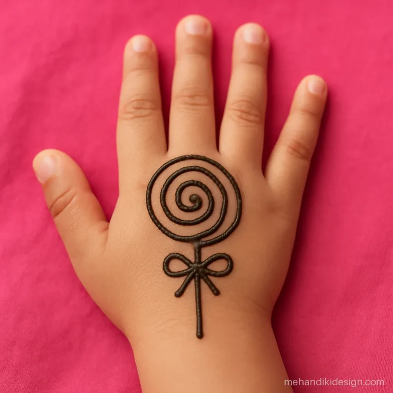 Cute mehendi for kids with a big swirl lollipop on a stick