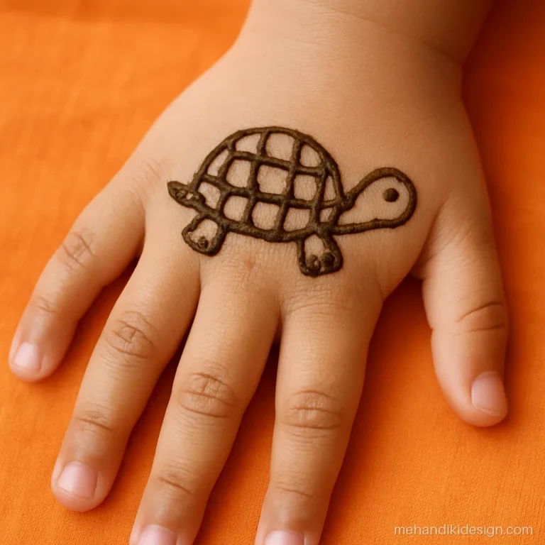 Cute mehndi design for kids with a small turtle and a checked shell
