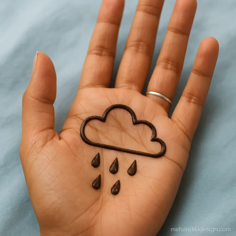 Cute mehendi design with a puffy cloud and falling raindrops in the palm