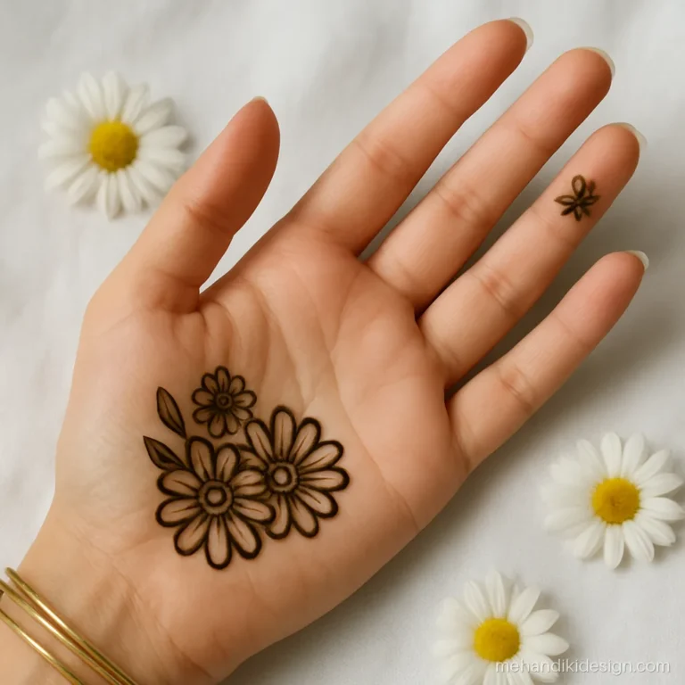 Simple and cute mehndi with a daisy cluster at the base of the thumb