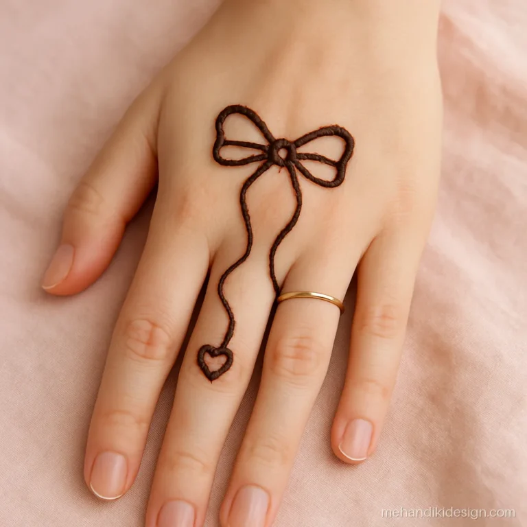 Beginner cute mehndi design with a ribbon bow and curly tails on the palm