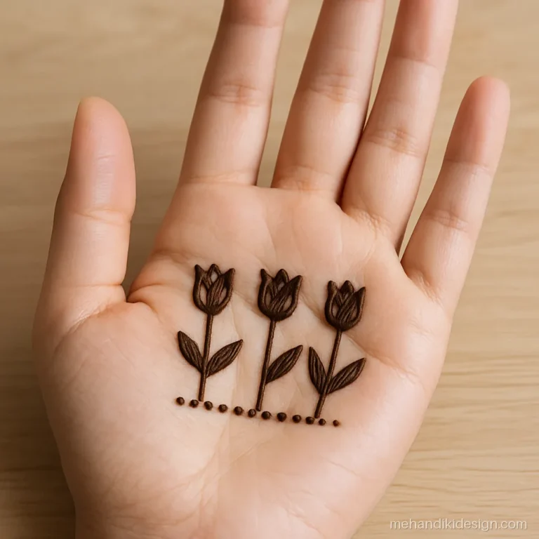 Cute mehandi design with three small tulips in a row across the lower palm
