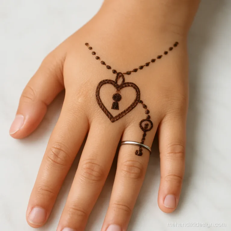 Simple cute mehandi with a heart padlock and a key on a thin chain
