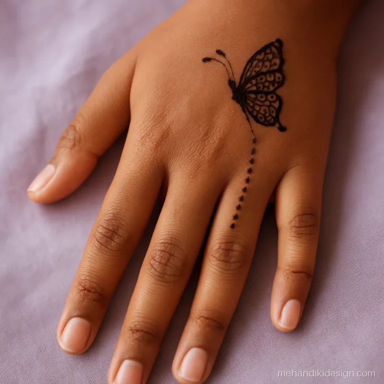 Cute mehndi design for girls with a lace wing butterfly on the index finger side