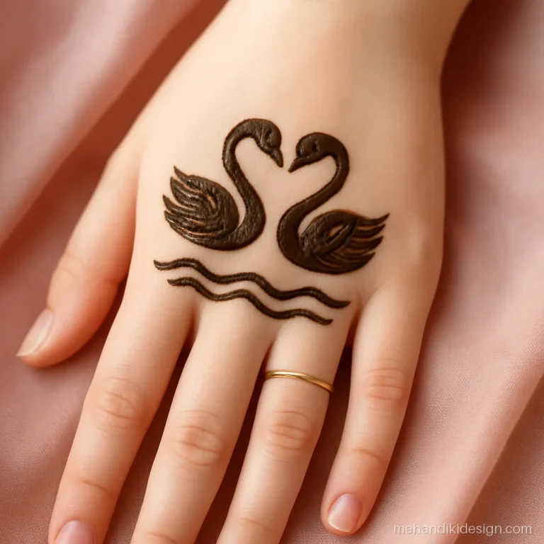 Cute mehendi design for girls with two swans whose necks form a heart