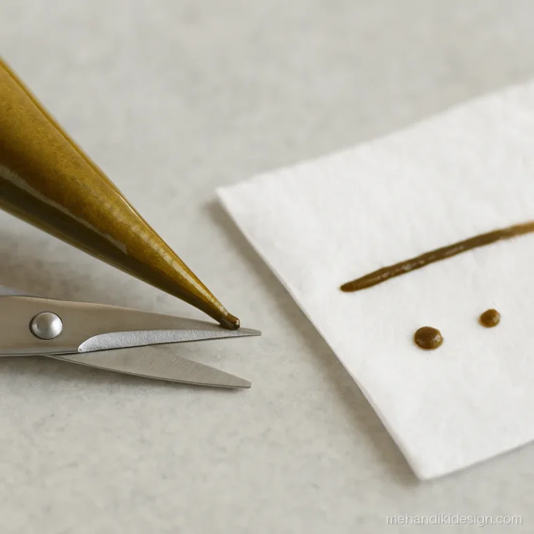 Cutting a fine mehandi cone tip and testing a thin line on tissue