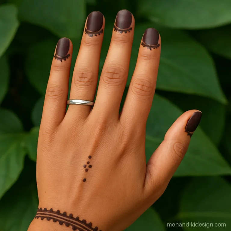Navratri mehandi with filled finger caps, a thin wrist band and dots on the back hand