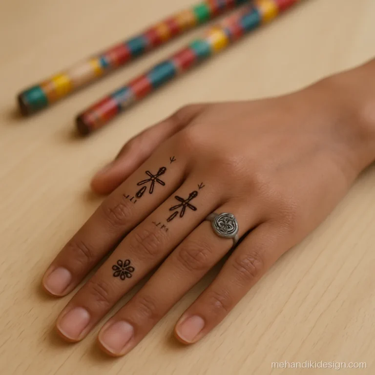 Simple navratri mehandi with small dandiya sticks running down the index finger