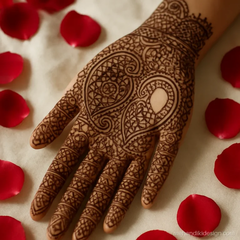 Designer bridal mehandi with large paisleys and space to hide the groom's initial