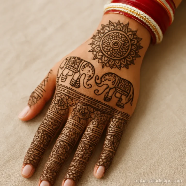 Designer mehandi on bridal back hand with twin elephants and mandala