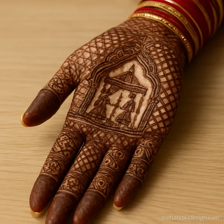 Designer mehandi bridal palm with doli scene and fine jaal background