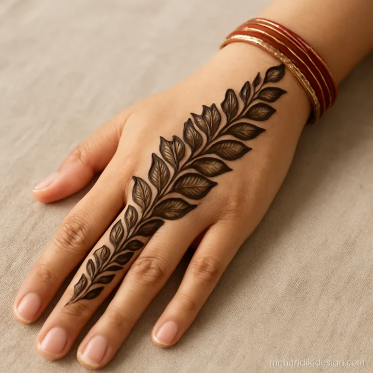 Diagonal bel mehandi with shaded Arabic leaves from index finger to wrist
