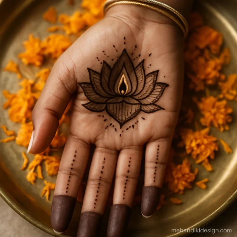 Lotus mehndi design for Diwali with a lit diya inside an open lotus