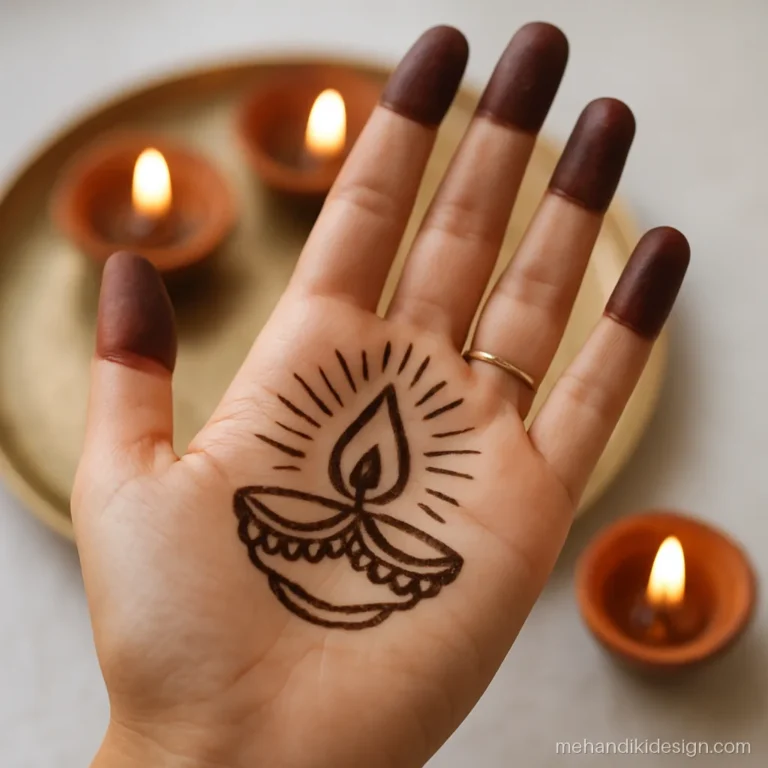 Diwali mehandi design with a large lit diya and glow rays in the palm