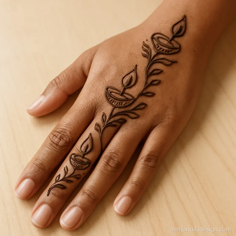 Diwali mehandi design with a diagonal trail of diyas and leaves on back hand