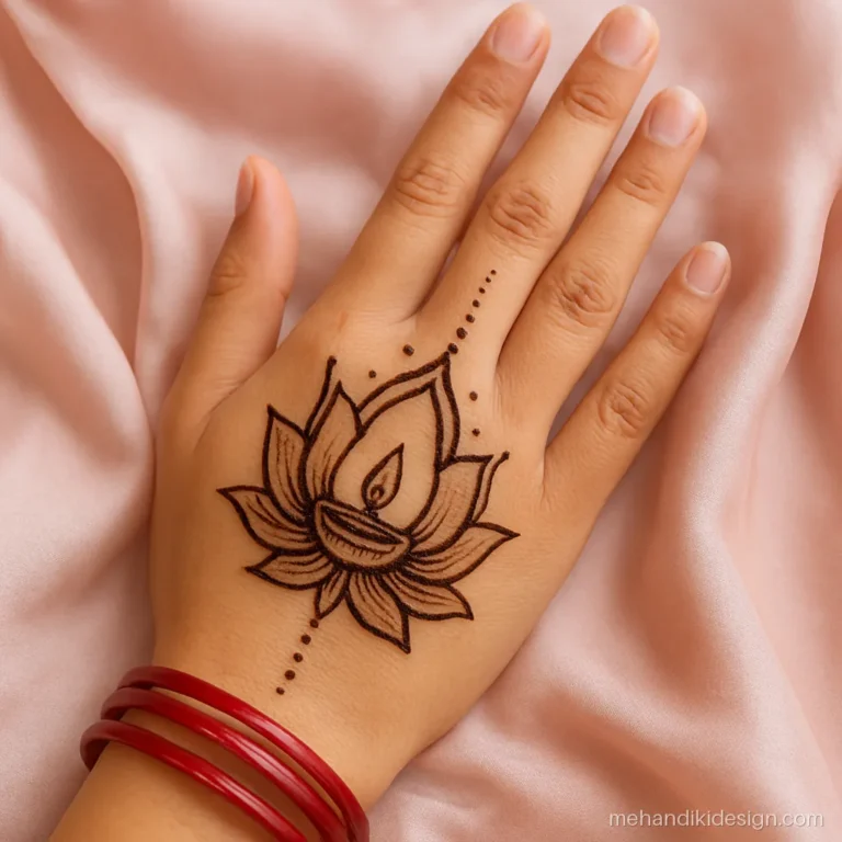 Diwali mehandi with a diya resting inside an open lotus on the back hand